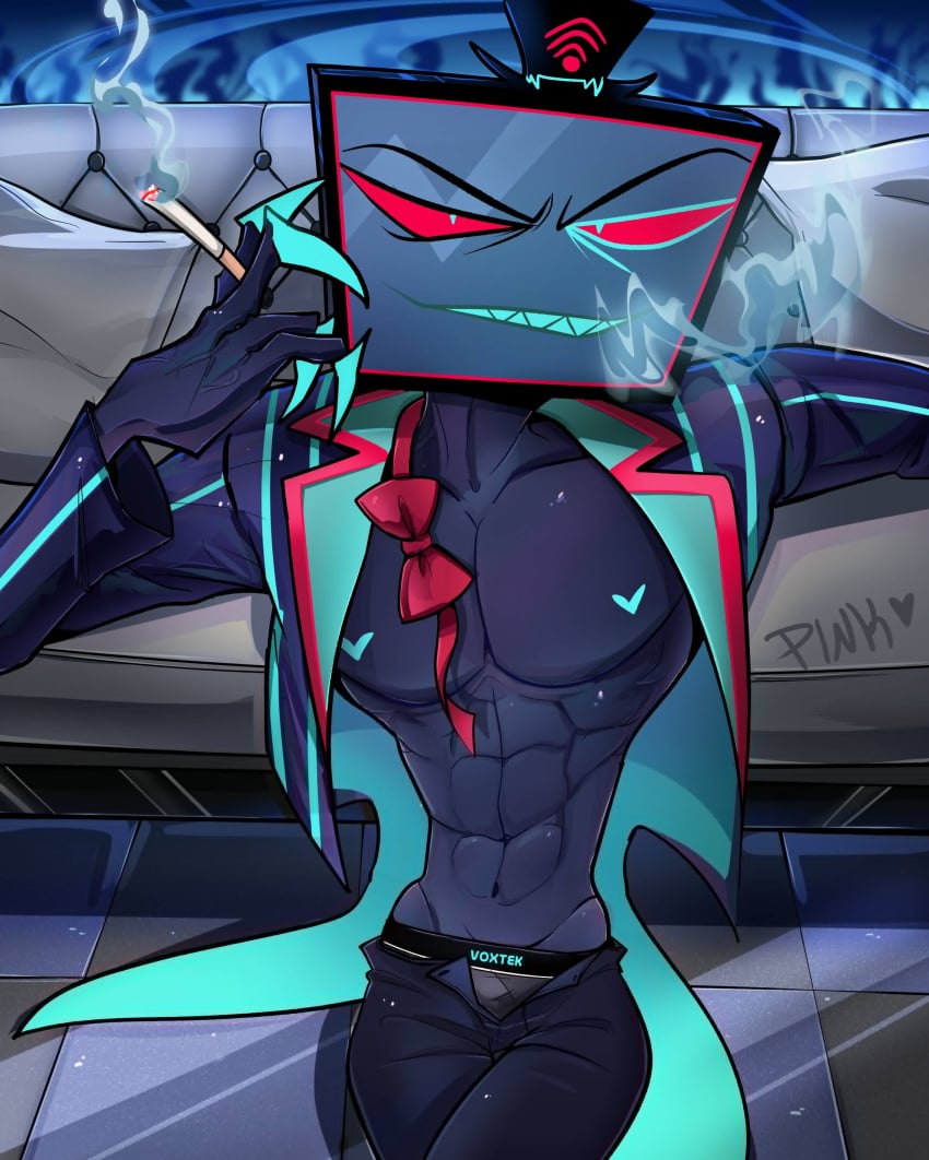 1boy abs blue_body blue_eyes blue_nipples blue_teeth bowtie cigarette claws coat dark_blue_body demon demon_boy detailed_background hazbin_hotel headwear heart-shaped_nipples jacket looking_at_viewer male male_only muscular muscular_male neckwear nipples object_head open_pants open_shirt pinksartdump red_bowtie red_sclera sharp_claws sharp_teeth six_pack smoke smoking striped_clothing striped_topwear suggestive text_on_underwear top_hat tv_head underwear vivienne_medrano vox_(hazbin_hotel)