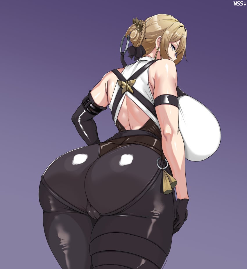 1girls ass ass ass_focus back_view bangs bare_back bare_shoulders black_gloves black_pants blonde_female blonde_hair blue_eyes breasts clothed clothing corset curvy curvy_figure earrings female female_focus female_only gloves hair hair_bun hair_clips hair_ornament huge_ass huge_breasts looking_at_viewer looking_back looking_back_at_viewer milf muscular muscular_back muscular_female nonsence open_back original original_character pale-skinned_female pale_skin pussy_bulge solo solo_female solo_focus tank_top thick_thighs thighs tight_clothes tight_clothing tight_fit tight_pants twitter_username voluptuous voluptuous_female white_tank_top