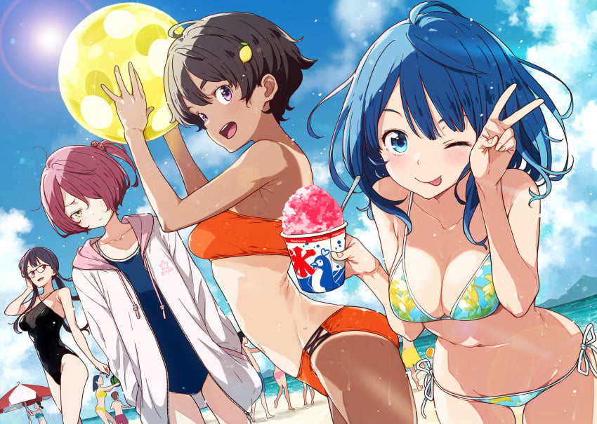 armpits ass ass_visible_through_thighs bare_arms bare_belly bare_legs bare_shoulders bare_thighs beach beach_ball belly_button big_breasts black_hair black_swimsuit blue_eyes blue_hair blush breasts brown_hair cleavage collarbone first_porn_of_character glasses green_eyes hair_ornament imigimuru jacket_over_swimsuit komari_chika licking_own_lips long_hair make_heroine_ga_oo_sugiru! medium_breasts official_art one-piece_swimsuit one_eye_closed one_eye_covered open_mouth outdoors peace_sign purple_eyes red_bikini red_hair short_hair side-tie_bikini_bottom side_ponytail smile swimsuit tan tanlines thighs tongue tongue_out! tsukinoki_koto yakishio_lemon yanami_anna