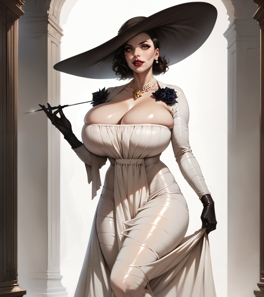 1girls ai_generated alcina_dimitrescu dark_hair enormous_breasts gigantic_breasts league69 massive_breasts orange_eyes resident_evil resident_evil_8:_village taller_girl