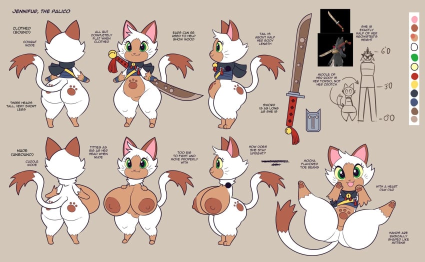 breast_expansion breasts_bigger_than_head breasts_out busty cat_ears cat_tail catgirl character_sheet chubby chubby_female cobatsart feline female furry impossible_clothes jennifur_(cobatsart) monster_hunter palico paw_tattoo pawprint paws shortstack sword