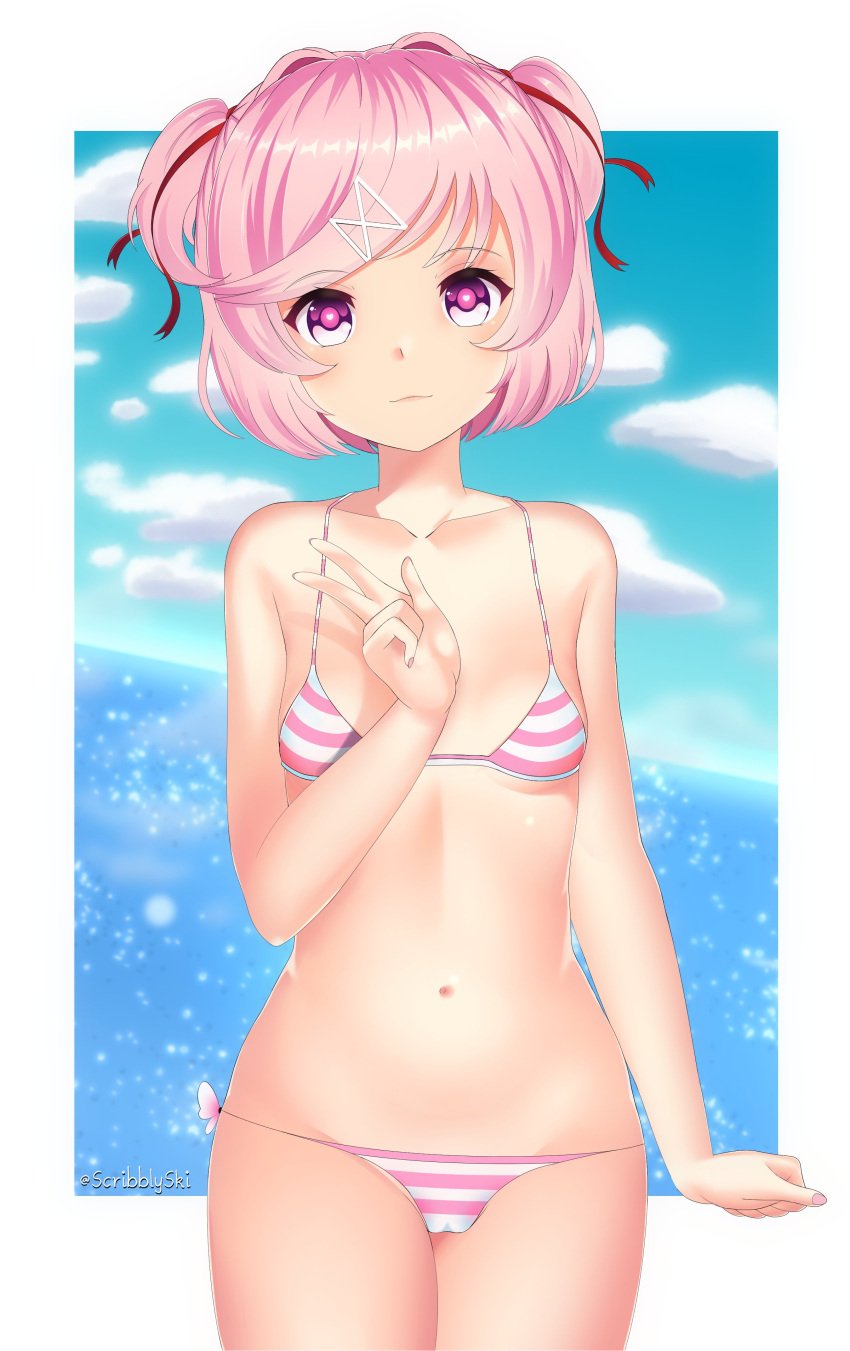 1girls bare_shoulders bikini bikini_bottom bikini_top cameltoe collarbone doki_doki_literature_club female female_only human natsuki_(doki_doki_literature_club) pink_eyes pink_hair scribblysuki solo thighs