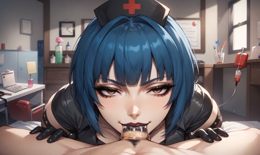 1boy 1woman ai_generated alternate_costume atlus black_bra black_latex black_latex_gloves black_lipstick black_lipstick_mark_on_penis blowjob blue_hair blue_hair_female blunt_bangs bob_cut bottles brown_eyes clock deep_blowjob deepthroat doctor's_office dominant dominant_female eye_contact eyebrows eyebrows_visible_through_hair eyeshadow fellatio female female_focus femdom glass gloves goth goth_girl grin grinning grinning_at_viewer half-closed_eyes iv_bag laptop latex latex_clothing latex_gloves latex_nurse light-skinned_female light_skin lipstick lipstick_mark lipstick_on_penis lipstick_ring looking_at_viewer makeup male male/female male_pov male_pubic_hair male_thighs megami_tensei navel navy_blue_hair nurse nurse_cap nurse_clothing nurse_hat nurse_headwear nurse_outfit nurse_uniform oral oral_sex persona persona_5 persona_5_royal pov pov_crotch pov_eye_contact pov_male red_cross saliva saliva_on_penis sega short_hair short_hair_female short_sleeves shoulder_gloves sunlight tae_takemi window