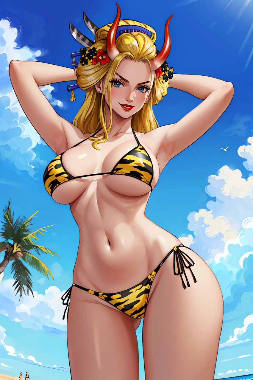 ai_generated beach beast_pirates bikini black_maria blonde_female blonde_hair blue_eyes breasts female female_only geisha_hair horns isaris-ai large_breasts one_piece wano_country wide_hips