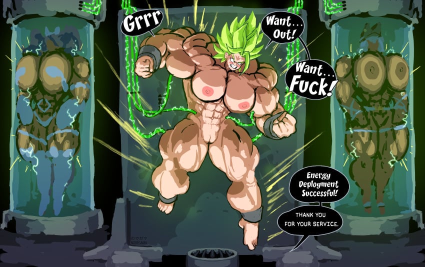 after_transformation aggressive angry angry_face aphrodisiac big_muscles blank_eyes blush corruption crossover dark-skinned_female darkstalkers dialogue dragon_ball dragon_ball_super dragon_ball_z drooling experiment felicia_(darkstalkers) forced_transformation green_hair guilty_gear horny horny_female hyper_muscles implied_transformation in_heat intelligence_loss kale kale_(berserker) legendary_super_saiyan light-skinned_female muscular_female nodegama nude personality_change pussy ramlethal_valentine restrained saiyan saiyan_girl science_lab text trapped tube white_eyes