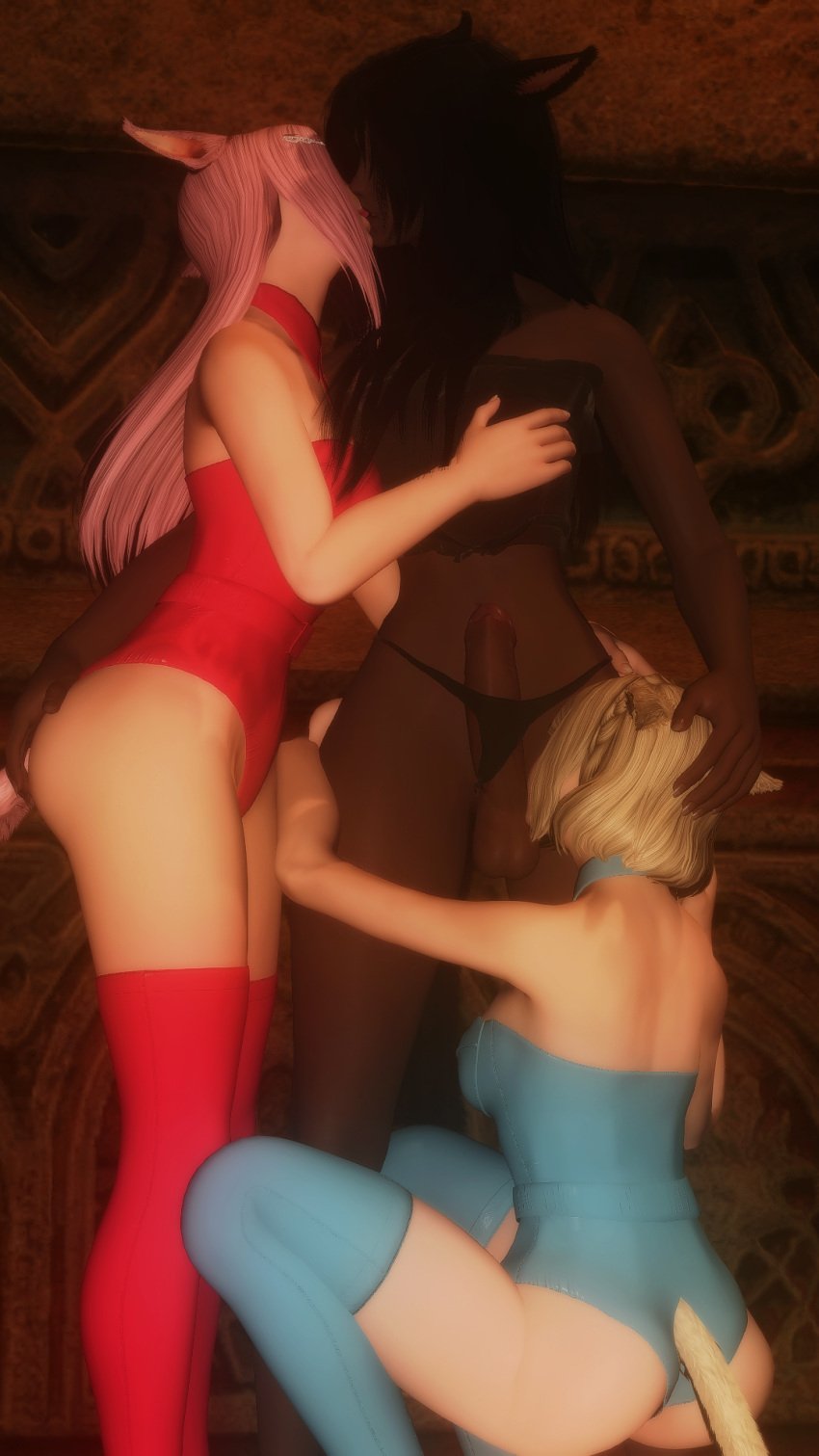 3d 3girls blonde_hair clothed dark_hair dark_skin final_fantasy_xiv futa_on_female futanari gpose(ffxiv) hand_on_breast hand_on_head hand_on_hip kissing kissing_penis miqo'te notalewdie original_character pink_hair squatting threesome yuri