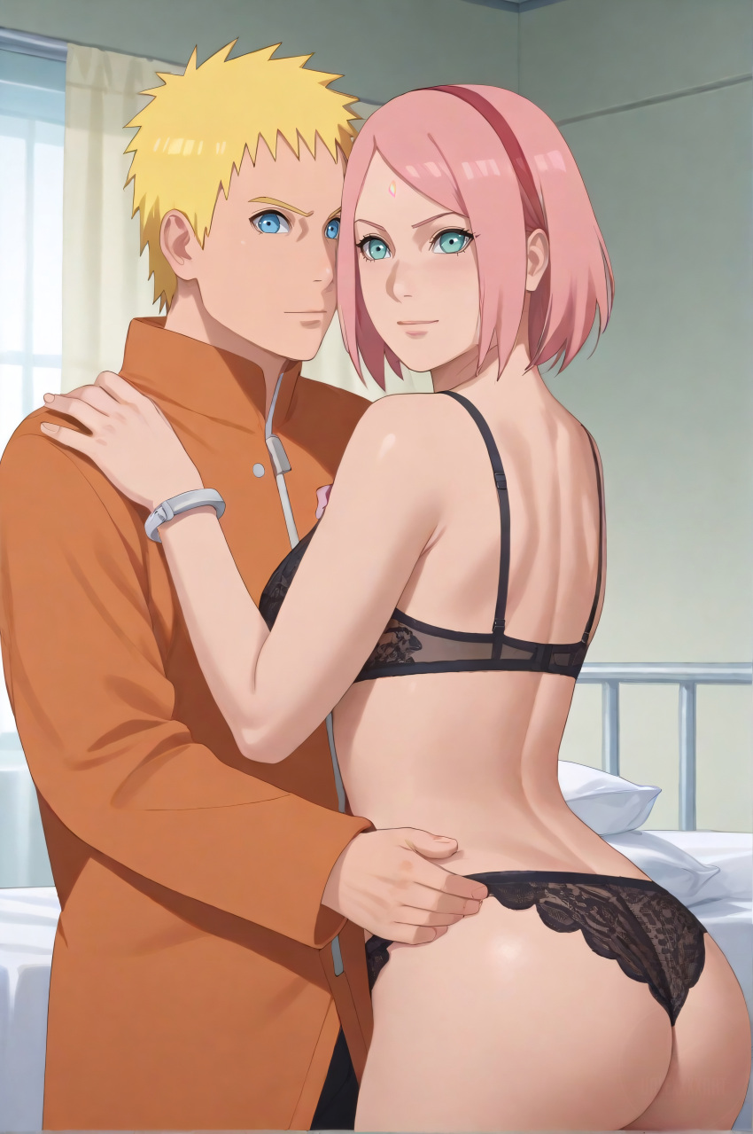 1boy 1girls ai_generated ass bandaged_arm bandages bed bedroom before_sex blue_eyes boruto:_naruto_next_generations bra cheating cheating_husband cheating_wife curtains embrace embracing female from_behind gift_box green_eyes high_resolution indoors jacket light-skinned_female light-skinned_male light_skin lingerie long_hair looking_at_another looking_at_partner looking_at_viewer male mature mature_female milf nai_diffusion naruto naruto_(series) naughty_face naughty_smile open_clothes open_jacket panties panty_pull pink_hair pulled_by_another sakura_haruno short_hair smile stable_diffusion ualexxxxart underwear undressing uzumaki_naruto watermark window yellow_hair