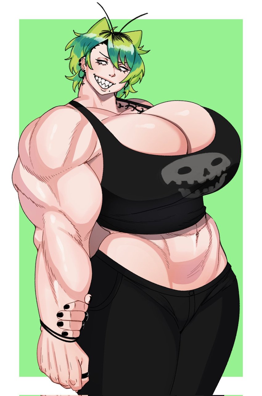 athletic_female buff green_hair huge_breasts muscular_female rochi strongmoist