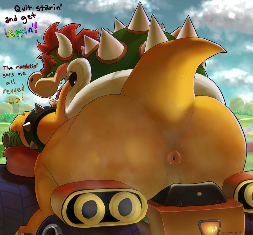 2020s 2024 anal_request anthro anus ass bent_over big_butt blush bowser bracelet bubble_butt car cloud day english_text eyebrows gay hair hi_res horn huge_butt huge_thighs inviting jewelry koopa looking_at_viewer looking_back looking_back_at_viewer male mario_(series) mario_kart muscular muscular_anthro muscular_male musk musk_clouds narrowed_eyes nintendo nude open_mouth open_smile oral_request outside perineum puffy_anus rimming_request scalie shell sitting sky smile solo spiked_bracelet spiked_shell spikes spikes_(anatomy) spikysketches talking_to_viewer teeth text thick_thighs tongue vehicle