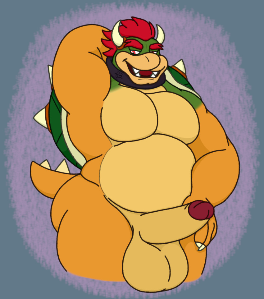 anthro balls belly big_balls big_pecs big_penis bowser bowser_day collar erection gay genitals hair hand_behind_head hand_on_hip hi_res koopa male mario_(series) mario_bros muscular nintendo open_mouth pecs penis presenting presenting_penis red_eyes red_hair scalie shell solo spiked_shell spiked_tail spikes spikes_(anatomy) tail teeth tongue waniiime_(artist)