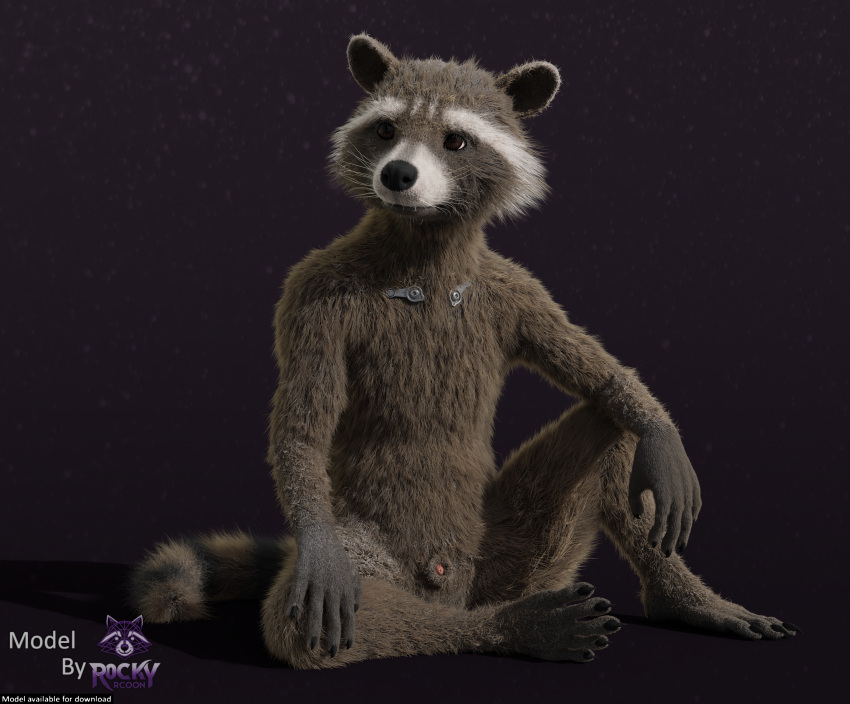 3d_(artwork) absurd_res anthro balls brown_body brown_eyes brown_fur claws digital_media_(artwork) disney erection facial_markings front_view fur genitals guardians_of_the_galaxy head_markings hi_res male male_focus male_only mammal markings marvel marvel_comics mask_(marking) nude penis procyonid raccoon rocket_raccoon rockyrcoon simple_background sitting smile solo spread_legs spreading watermark