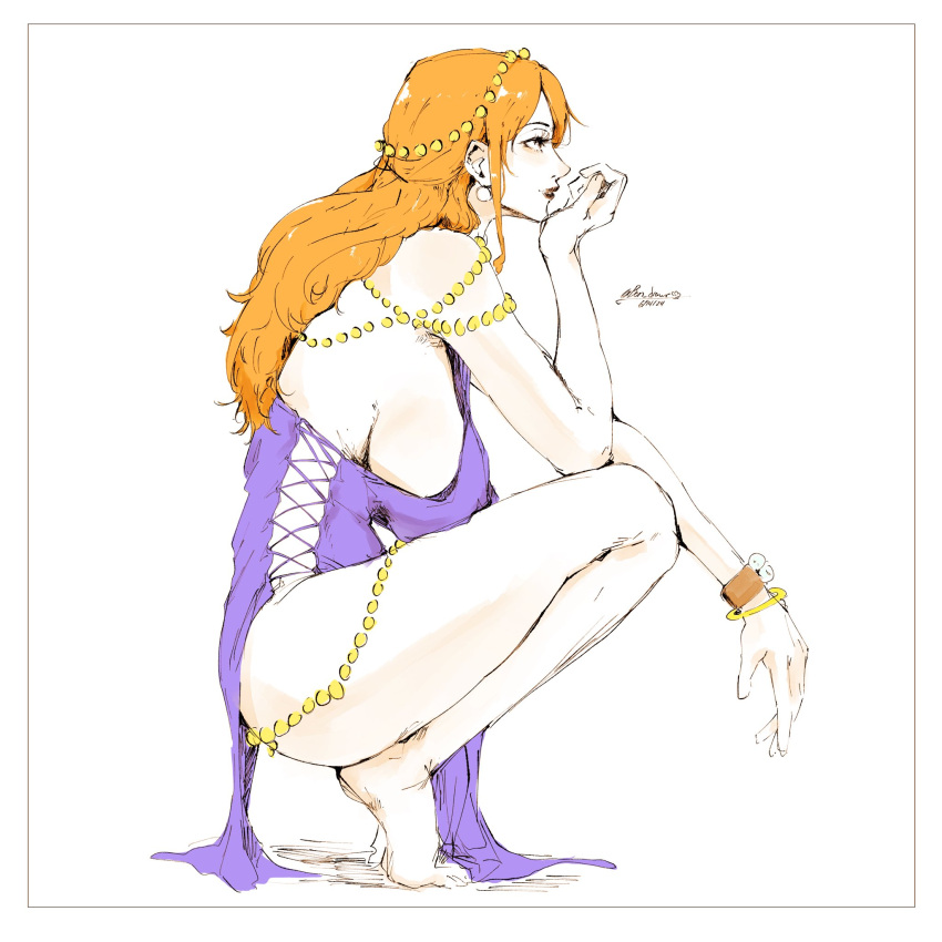 1girls 2d 2d_(artwork) barefoot big_breasts bon_drawr breasts dress female female_focus female_only nami nami_(one_piece) one_piece post-timeskip purple_dress