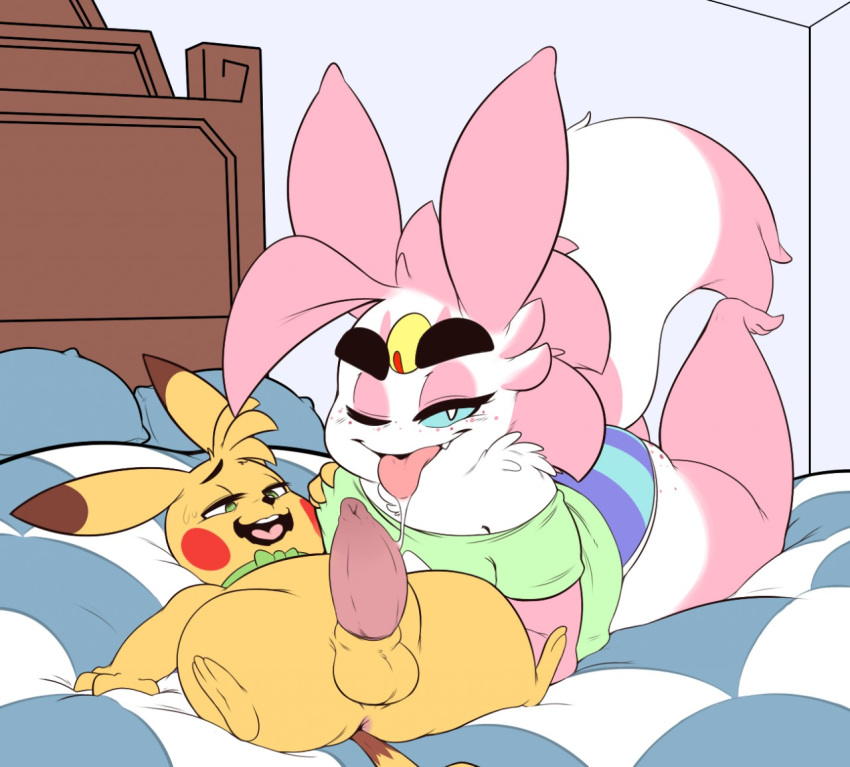 ass balls bed clothed furry gay gengar girly king_the_gengar_(character) male mega_gengar nintendo oral penis pikachu pokemon saliva tongue xingscourge