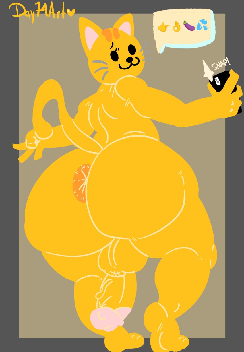 absurd_res anthro anus ass balls big_butt cat_emoji day74art domestic_cat electronics emoji emoji_(race) felid feline felis fur genitals hi_res huge_butt looking_back male mammal penis penis_backwards phone smile solo tail yellow_body yellow_fur