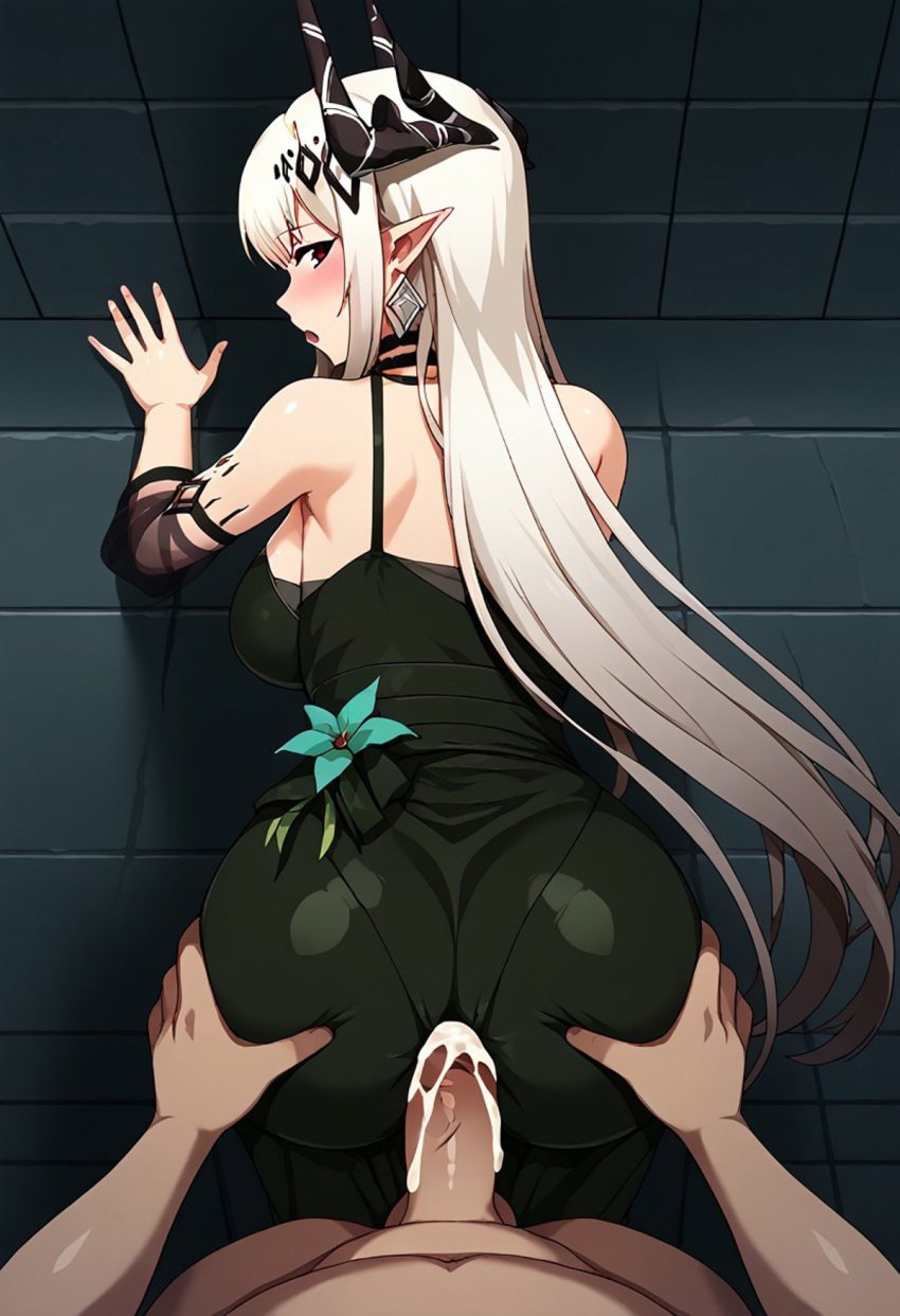 against_wall ai_generated anal_through_clothes anal_through_dress dress forced_in_fabric fucked_through_clothes fucked_through_dress fucked_through_skirt mudrock_(arknights) mudrock_(obsidian)_(arknights) tagme unartist