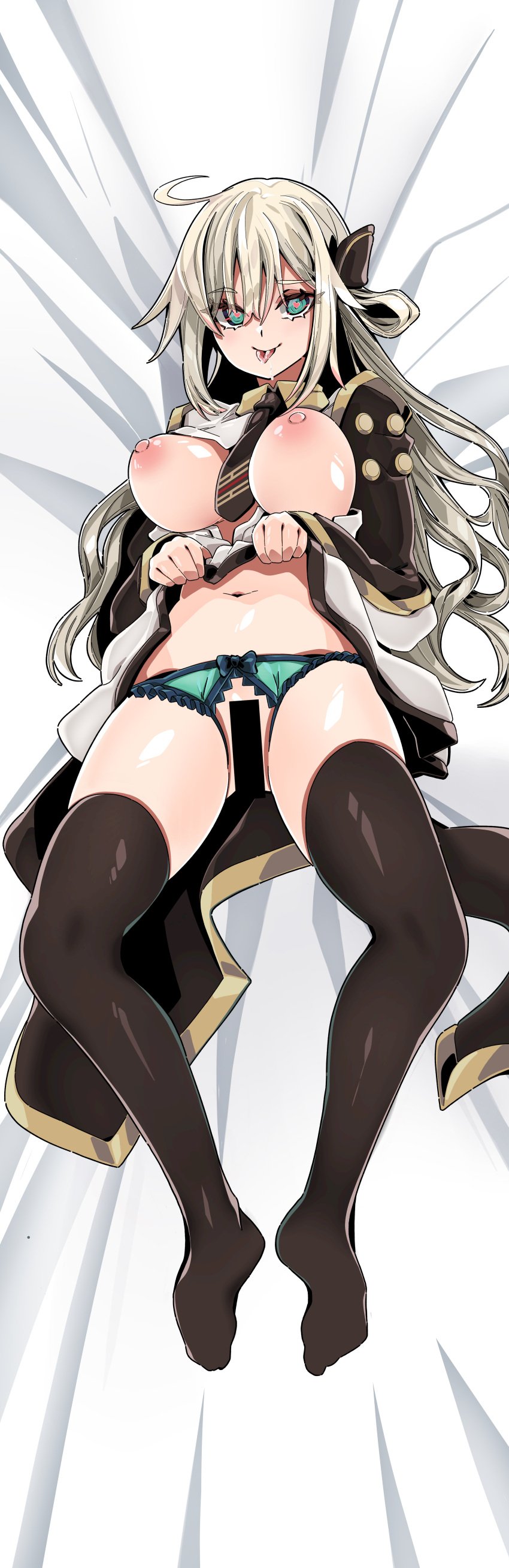 absurdres ahoge bar_censor black_thighhighs blonde_hair blue_panties breasts censored clothes_lift commission crotch_cutout daiou_medama dakimakura_(medium) duel_monster female green_eyes heart heart-shaped_pupils highres large_breasts navel nipples on_bed panties skeb_commission skirt skirt_lift sky_striker_ace_-_raye sky_striker_ace_raye solo symbol-shaped_pupils thighhighs tongue tongue_out underwear yu-gi-oh!