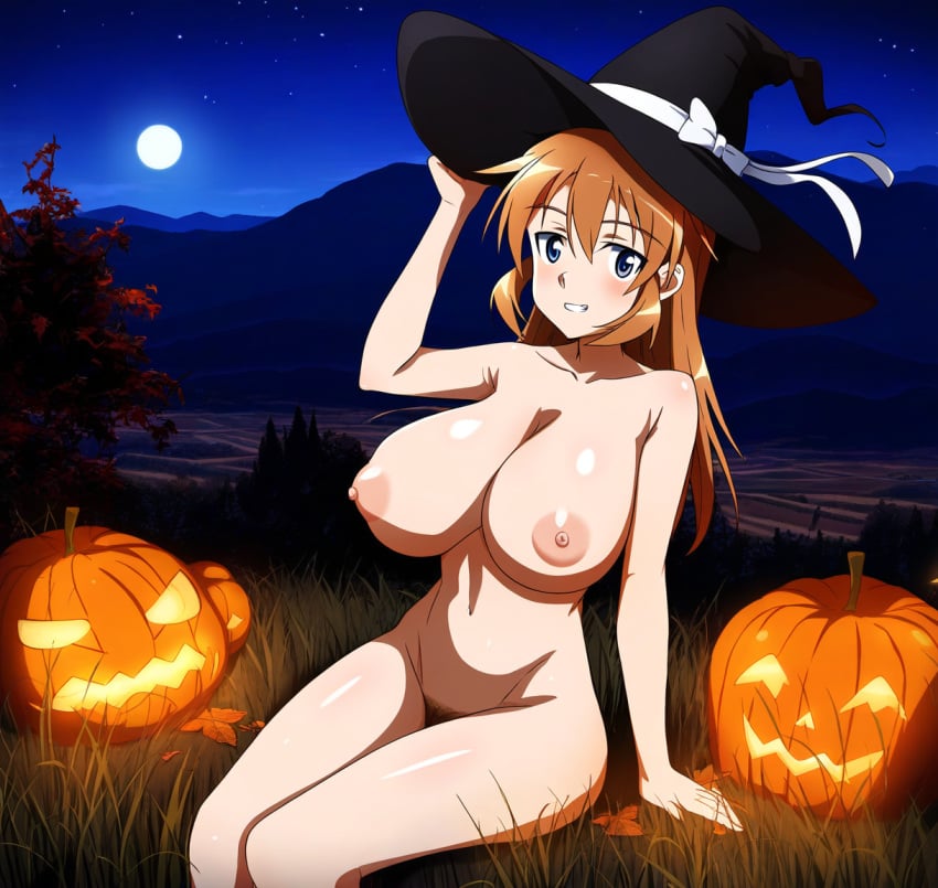 1girls ai_generated autumn blush charlotte_e_yeager field halloween huge_breasts jack-o'-lantern large_hair looking_at_viewer mountain nature night_sky nipples nude pubic_hair pumpkin sitting smile strike_witches witch_hat world_witches_series