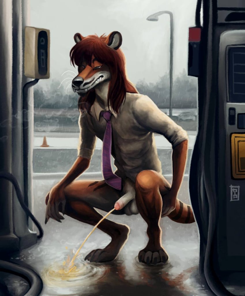 1boy anthro anthro_only balls bodily_fluids clothed clothing crouching dasyuromorph detailed_background fur furry furry_only gas_station genital_fluids genitals hi_res jesu_cito male mammal marsupial necktie no_humans orange_body orange_fur pantsless peeing penis public_urination raining recently_extinct_species shirt solo thylacine topwear urine yellow_urine