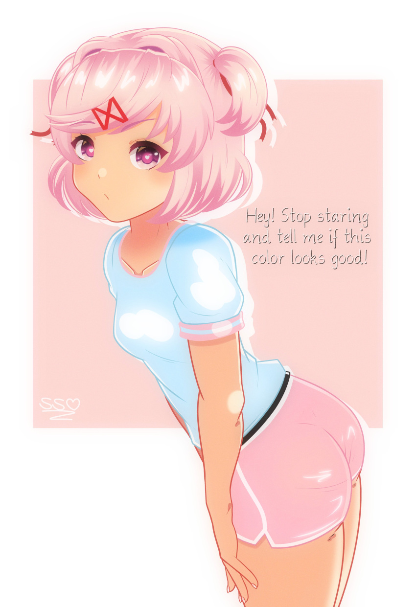 1girls breasts butt doki_doki_literature_club english_text female_focus natsuki_(doki_doki_literature_club) pink_eyebrows pink_eyes pink_hair scribblysuki shorts solo_focus text