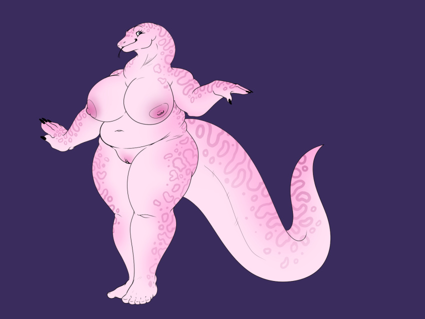 anthro big_breasts boa_(snake) breasts clitoris eyelashes feet female genitals hi_res melanie_la_strada nails overweight overweight_female pussy reptile scalie scarythesustire sharp_nails simple_background smile snake solo tail