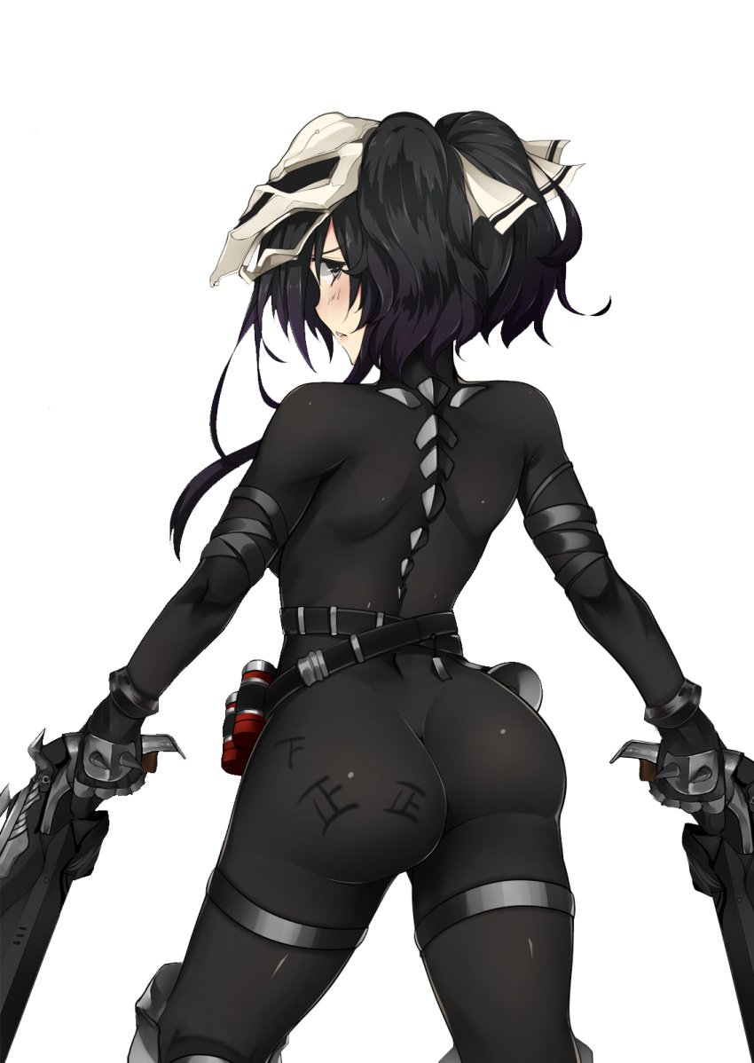 ammunition ass bba1985 belt black_eyes cosplay female highres long_hair looking_back mask overwatch overwatch_2 ponytail profile reaper_(cosplay) shoulder_blades skin_tight solo tied_hair transparent_background