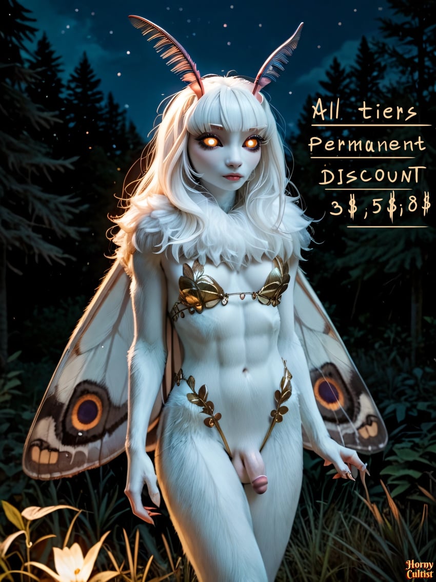 ai_generated anthro cute femboy feminine_male flaccid flaccid_penis horny_cultist_artist humanoid insects moth naked night outdoors patreon realistic small_breasts trap white_body white_fur white_hair