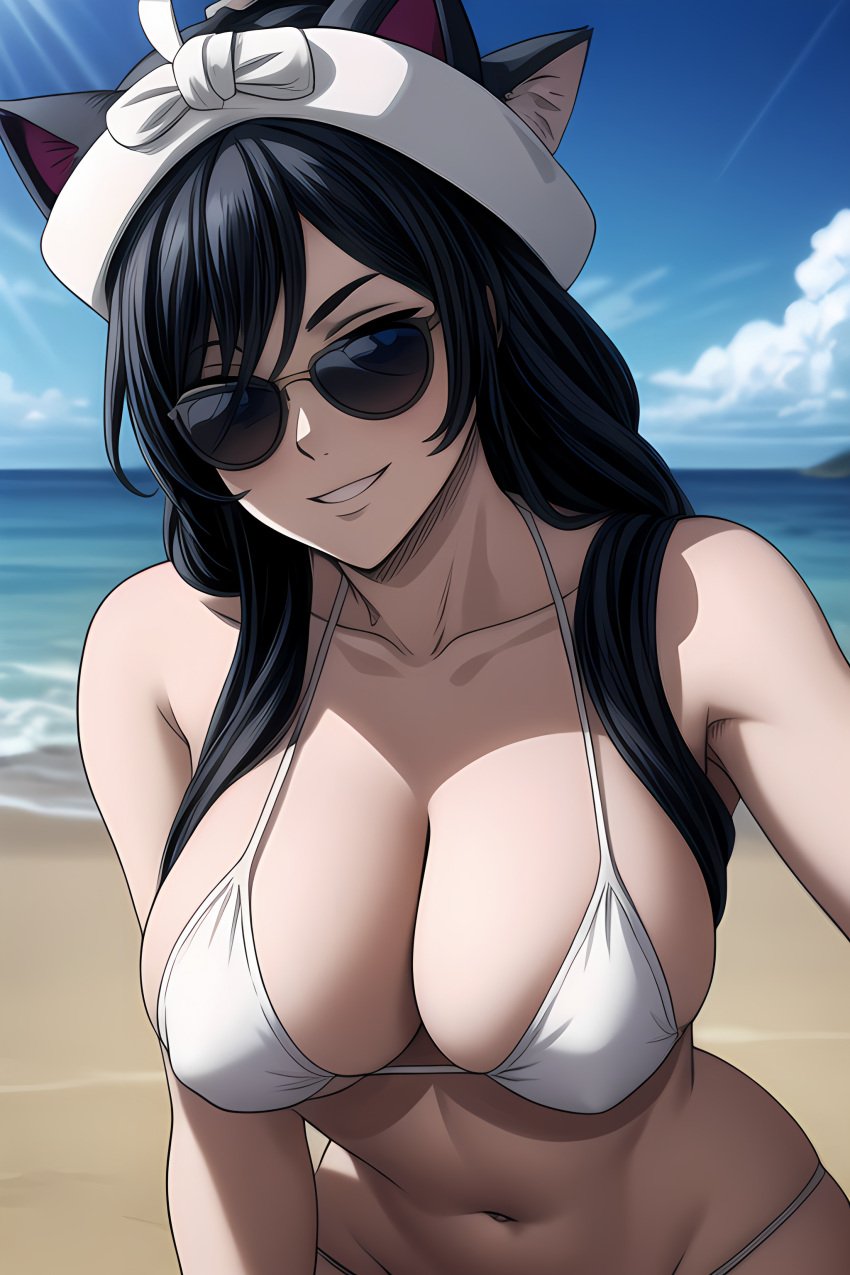 1girls ai_generated beach big_breasts bikini black_hair blue_eyes breasts female female_focus female_only large_breasts light-skinned_female looking_at_viewer mature_female milf mitama_(battle_cats) smiling smiling_at_viewer sunglasses tinted_eyewear white_bikini