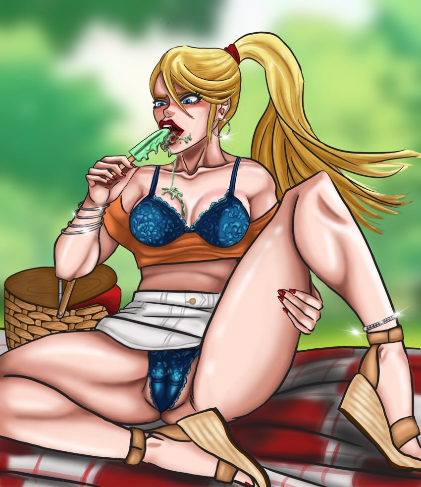 blonde_hair blue_bra blue_eyes blue_panties bra denim_skirt jannet01 makeup messy metroid nintendo panties park picknick picknick_basket popsicle red_lipstick samus_aran sandals seductive skirt solo_female spread_legs tongue_out tubetop upskirt wedge_heels