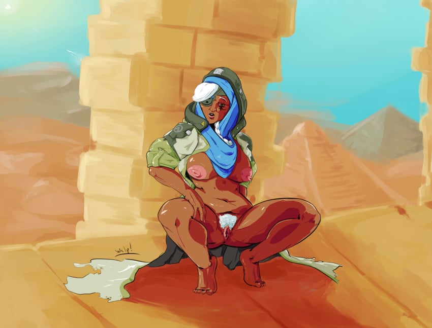 1girls 2d alternate_costume ana_amari blizzard_entertainment braid breasts dark_skin desert eye_patch facial_mark facial_tattoo female female_focus female_only gilf hijab hood long_hair mature old_ana_amari old_woman outdoors overwatch pubic_hair pussy spread_legs tattoo tied_hair welp white_hair wrinkles