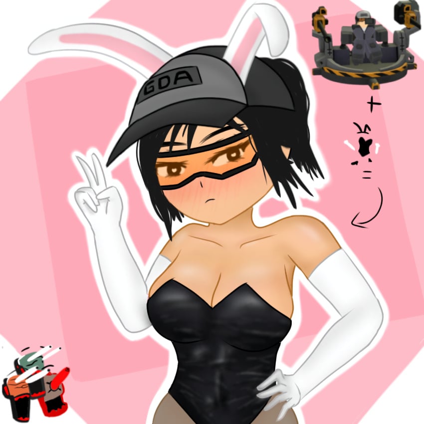 1girls armpits armwear black_eyes black_hair black_leotard blush breasts bunny_ears bunny_girl bunnysuit cap cleavage easter_eggs embarrassed engirl gloves goggles hat heart-shaped_pupils legwear leotard looking_at_viewer looking_pleasured medium_breasts peace_sign ponytail reference_image roblox roblox_game robloxian self_upload simple_background tan_body tower_defense_x xwm_pilot_(tower_defense_x)