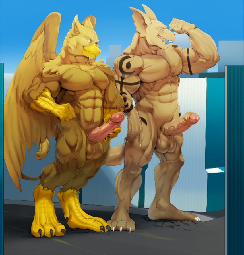 1boy 3_toes 4_toes abs animal_genitalia anthro avian balls barefoot beak belly biceps big_biceps big_penis bird bottomless brown_eyes claws clothed clothing erection flexing full-length_portrait full_length fur hand_on_penis hi_res humanoid_penis justmegabenewell male male_only manly markings mature_male muscular muscular_male nipples nude open_mouth partially_retracted_foreskin pecs penis portrait pose side_view simple_background size_difference smile solo standing symbol teeth tephros toes tongue topless uncut vein veiny_penis white_eyes wings