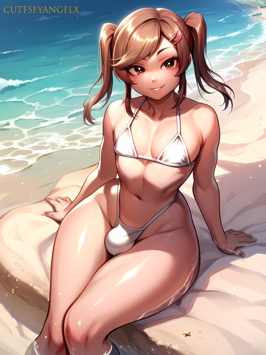 1boy ai_generated beach bikini brown_eyes brown_hair cutesyangelx femboy feminine_male males_only narrowed_eyes otoko_no_ko pale_skin penis_bulge posing sand sitting smile smiling smiling_at_viewer trap twintails water white_bikini wide_hips