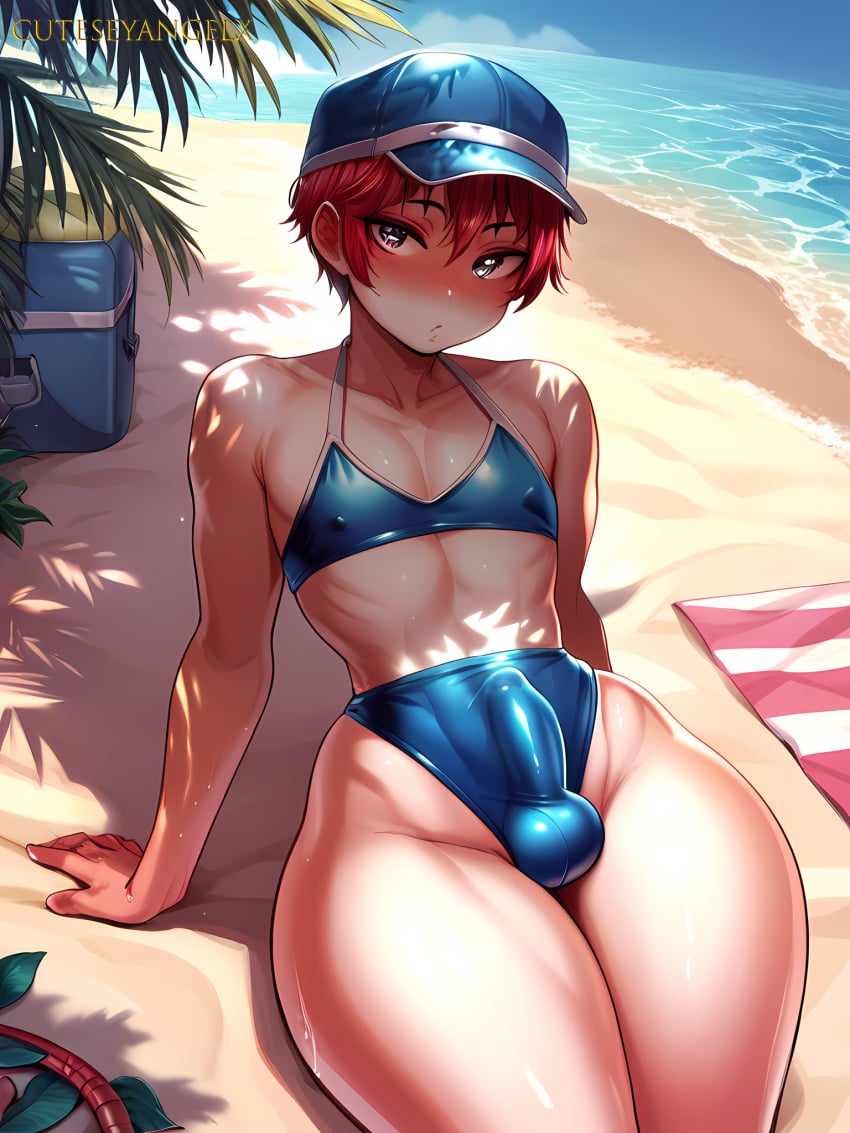 1boy ai_generated beach big_ass big_butt bikini blue_bikini blue_hat cutesyangelx femboy feminine_male hat laying_down laying_on_ground males_only otoko_no_ko pale_skin penis_bulge red_hair sand shadow sunlight tennis_outfit trap water wide_hips