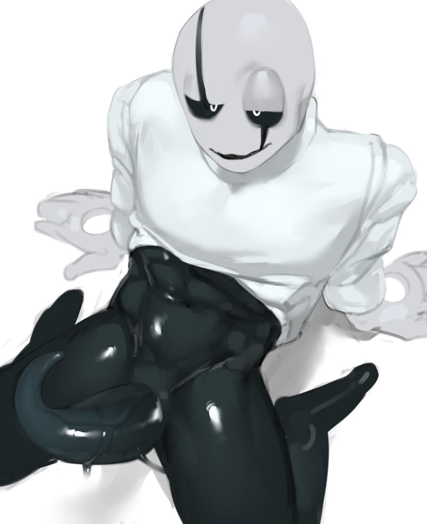 absurd_res bald black_body bodily_fluids clothed clothing curved_penis facial_markings gaster genitals glistening glistening_body glistening_genitalia head_markings hi_res high-angle_view hole_in_hand holes_in_body humanoid kogito male male_only markings monotone_background partially_clothed penis shirt simple_background smile solo tapering_penis topwear undershirt undertale undertale_(series) white_background white_body