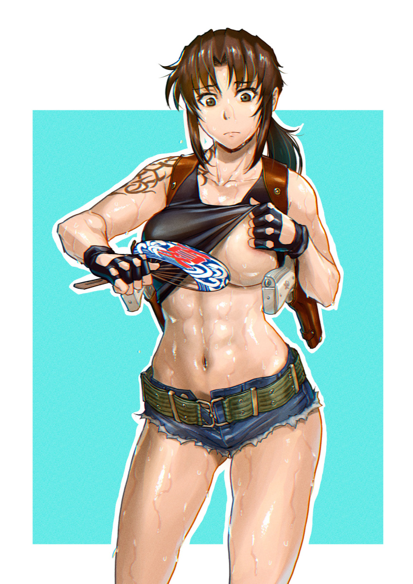 1girls 2d 2d_(artwork) abs adult adult_female areola areolae athletic athletic_female azasuke big_breasts black_lagoon blue_background booty_shorts breasts brown_eyes brown_hair busty dual_pistols fan female female_focus female_only fingerless_gloves fit fit_female gun handfan holster holstered_pistol holstered_weapon holsters hourglass_figure human human_female human_only lifting_shirt looking_at_self looking_down muscle_tone navel no_sex not_ai_generated ponytail questionable revy shiny shiny_skin shirt_lift shorts shoulder_holster solo solo_female sweat sweatdrop sweating sweaty tattoo toned toned_female underboob weapon white_border wide_hips young_woman