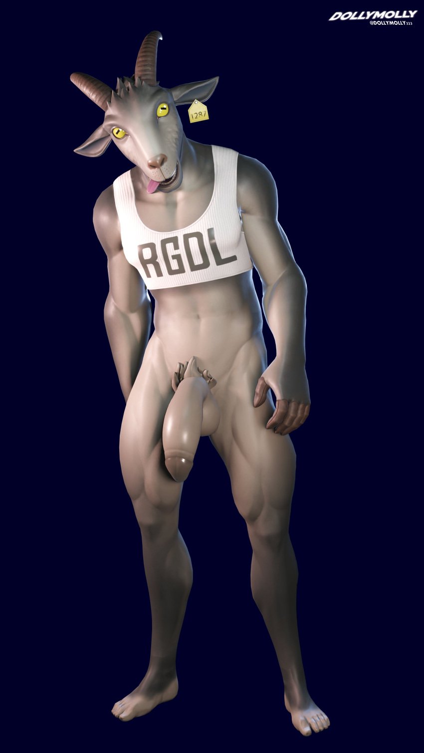 absurd_res anthro balls bottomless bovid caprine clothed clothing coffee_stain_studios crop_top dollymolly323 ear_piercing ear_tag epic_games feet fortnite ftm_crossgender fur genitals goat goat_simulator grey_body grey_fur hi_res horizontal_pupils horn humanoid_feet male mammal muscular muscular_anthro muscular_male penis piercing pilgor_(goat_simulator) plantigrade pubes pupils rule_63 shirt solo standing text text_on_clothing text_on_topwear tongue tongue_out topwear topwear_only yellow_eyes