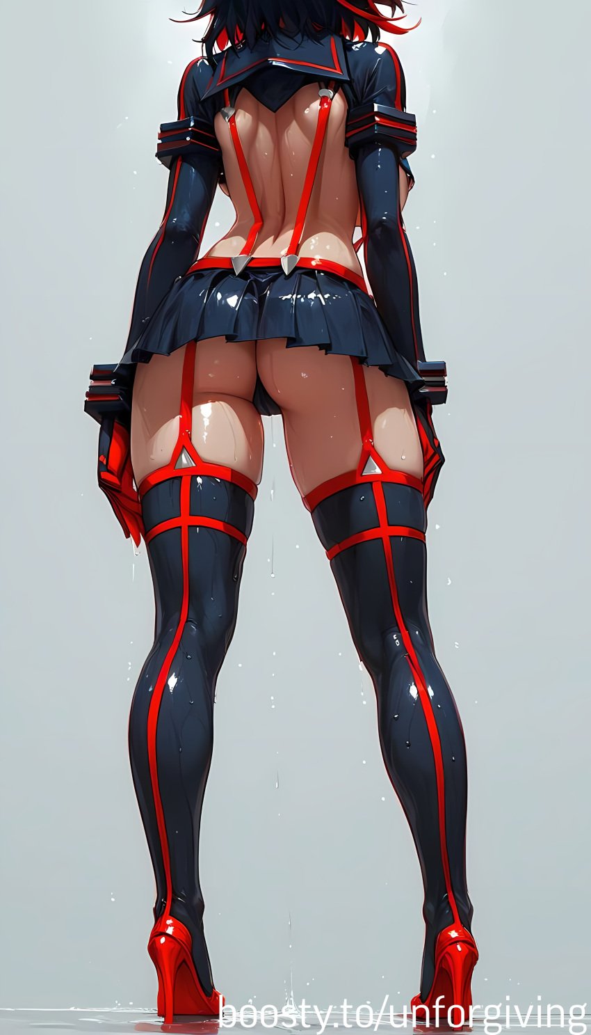 1girls 
ass ai_generated ass ass_focus covered_pussy female female_only gloves heel human kill_la_kill long_gloves matoi_ryuuko panties short_hair skirt solo stockings straps sweat sweatdrop unforgiving wet wet_body wet_skin