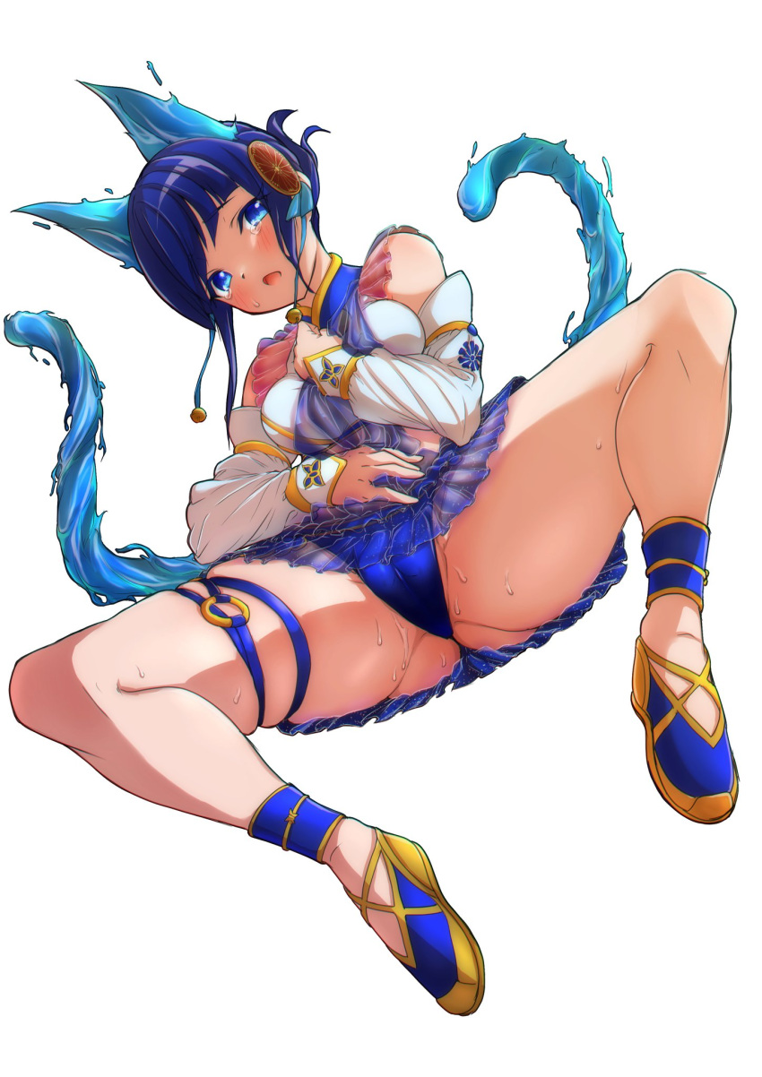 blue_eyes blue_hair clothed duel_monster female ni-ni_the_mirror_mikanko pussy_visible_through_clothes spread_legs sweaty tight_clothing two_tails vulva_line winda_4n96 yu-gi-oh!