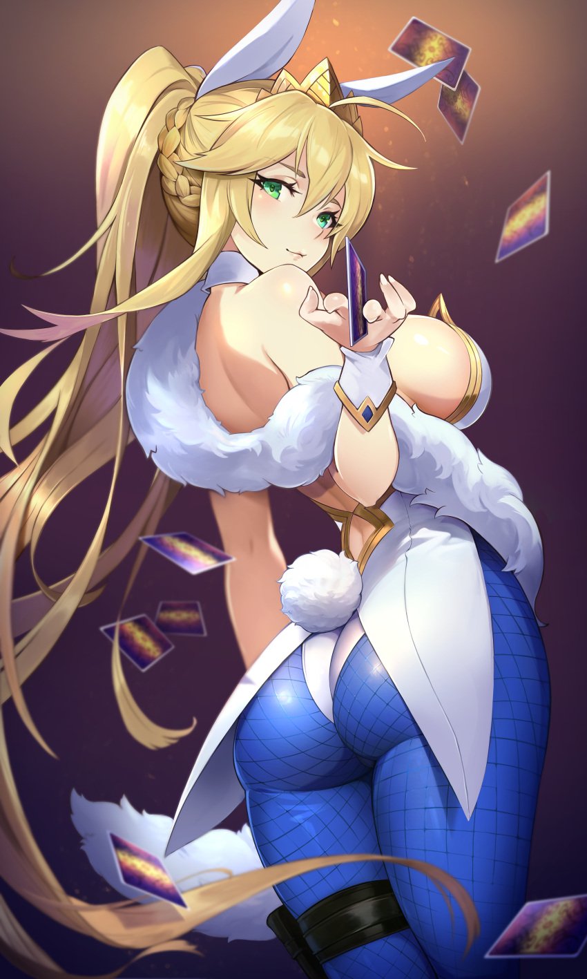 2023 absurd_res ahoge animal_ears artoria_pendragon artoria_pendragon_(all) artoria_pendragon_(fate) artoria_pendragon_(swimsuit_ruler) ass bare_back bare_shoulders blonde_hair blue_pantyhose bow bowtie braid bunny_ears bunny_tail bunnysuit card detached_collar fake_animal_ears fake_tail fate/grand_order fate_(series) feather_boa fishnet_pantyhose fishnets french_braid green_eyes highleg highleg_leotard highres holding holding_card johnson_zhuang leg_holster leotard long_hair looking_at_viewer looking_back looking_back_at_viewer nontraditional_playboy_bunny pantyhose playboy_bunny playing_card ponytail rear_view smile smiling smiling_at_viewer strapless strapless_leotard tail tiara very_long_hair white_leotard wrist_cuffs