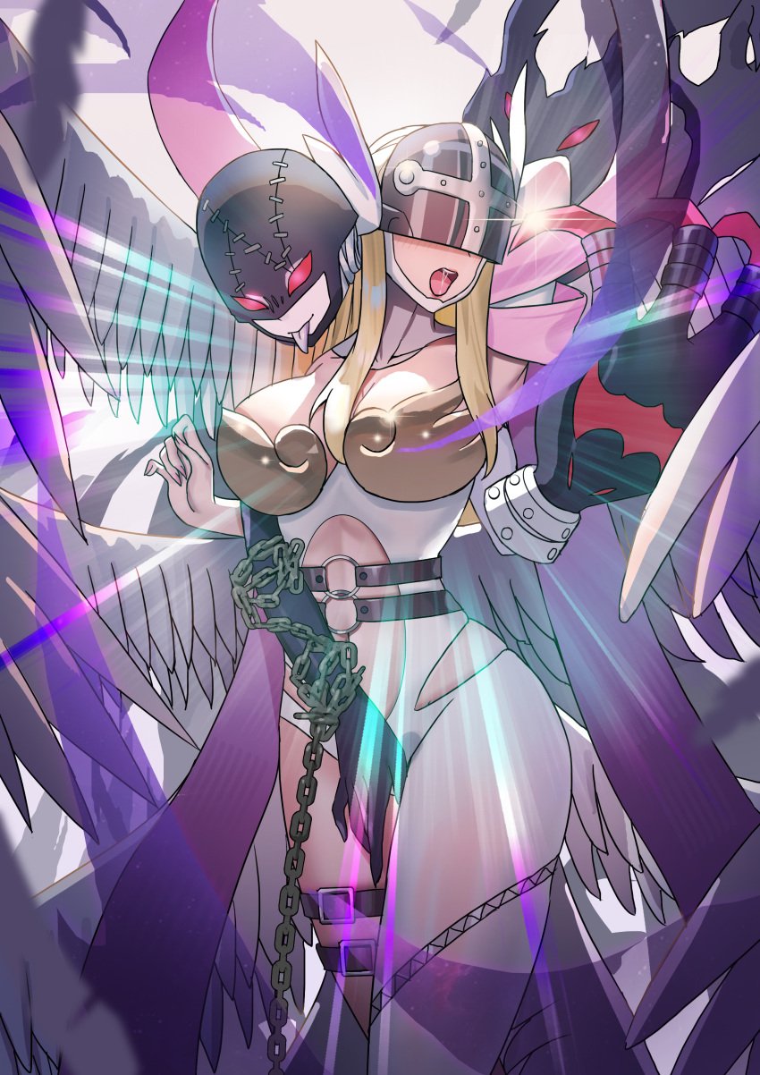 2girls absurdres angel angel_and_devil angel_wings angewomon arm_behind_head black_bodysuit black_mask blonde_hair blurry blurry_foreground blush bodysuit breasts chains clothing_cutout colored_skin commentary_request covered_eyes demon_girl digimon digimon_(creature) feathered_wings glint grey_hair grey_skin helmet helmet_over_eyes highres ladydevimon large_breasts liutiao long_hair multiple_girls o-ring open_mouth pussy_juice saliva stomach_cutout tongue tongue_out white_background white_bodysuit white_wings winged_helmet wings yuri