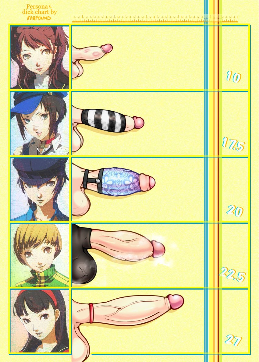 5futas amagi_yukiko areolae atlus balls big_breasts big_penis breasts chart clothing cock_ring cock_sleeve_(clothes) dick_chart erection futa_only futanari genitalwear huge_cock human intersex karfound kujikawa_rise light-skinned_futanari light_skin lipstick_mark lipstick_on_penis marie_(persona_4) measurements megami_tensei nipples pale_skin partially_retracted_foreskin penis penis_chart penis_size_chart persona persona_4 satonaka_chie sega shirogane_naoto size_chart size_comparison size_difference tomboy uncensored uncut