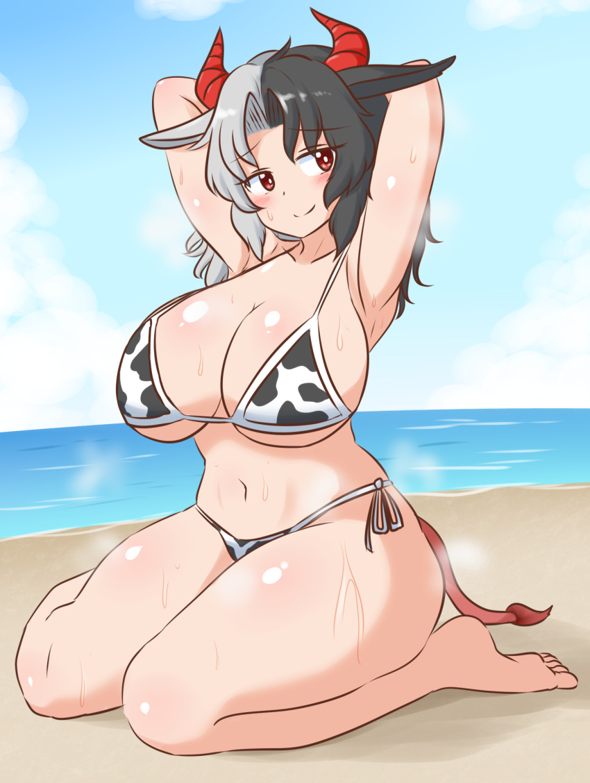 1girls animal_ears beach big_breasts bikini black_hair blush blush_lines breasts cow_ears cow_girl cow_print_bikini horns light-skinned_female mature_female mizusoba multicolored_hair red_eyes sky solo solo_female tail thick_thighs thighs touhou underboob urumi_ushizaki water wet wet_body white_hair