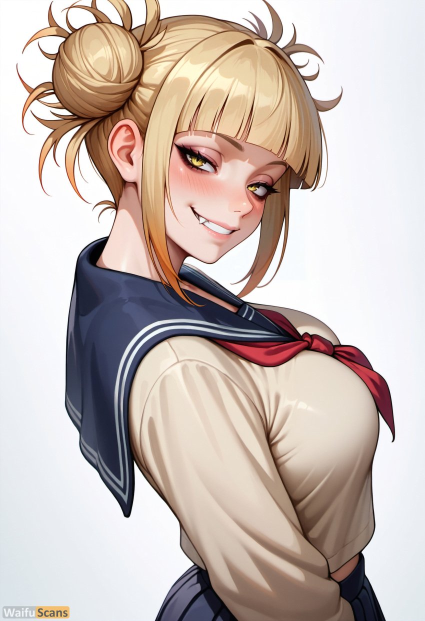 ai_generated artist_name bangs blonde_hair blue_sailor_collar blunt_bangs blush breasts double_bun female from_side grin hair_bun high_resolution highres large_breasts long_sleeves looking_at_viewer messy_hair my_hero_academia neckerchief oerba_yun_fang red_neckerchief sailor_collar school_uniform serafuku short_hair sidelocks simple_background skirt smile solo stable_diffusion teeth toga_himiko upper_body waifuscans418 white_background yellow_eyes