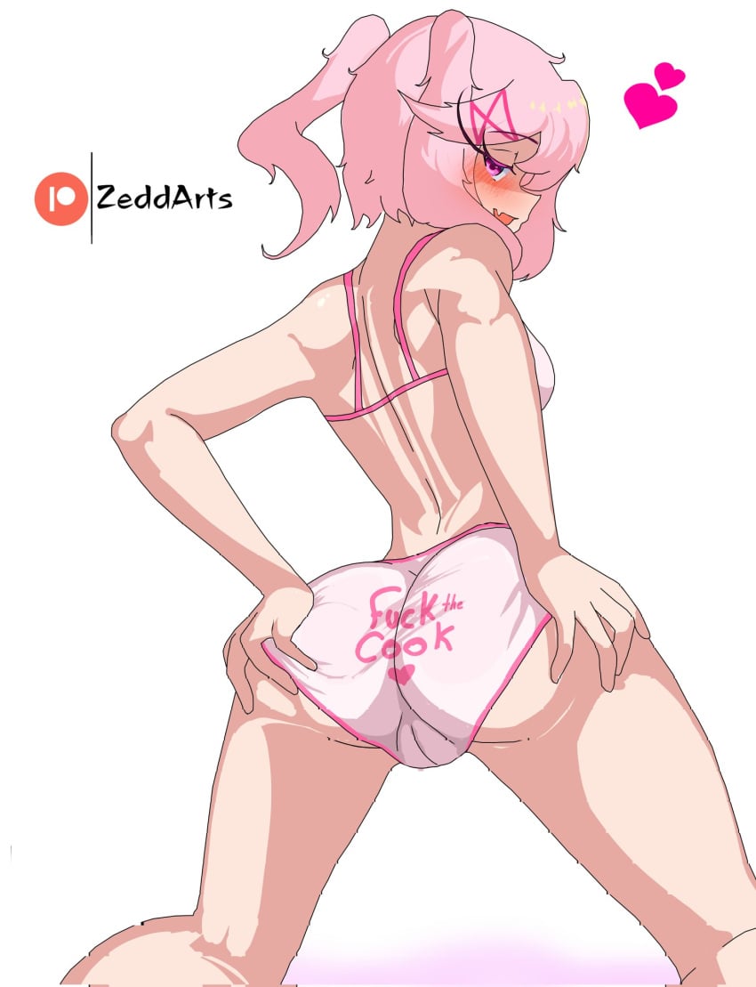 1girls ass back back_view behind_view butt cameltoe doki_doki_literature_club english_text female_focus hands_on_ass hands_on_butt hands_on_own_ass hands_on_own_butt heart hearts natsuki_(doki_doki_literature_club) panties pink_eyes pink_hair pink_panties text text_on_clothing text_on_panties zeddarts