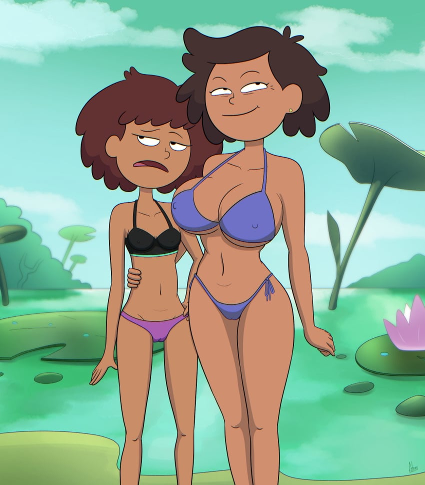 2girls age_difference alternate_version_available amphibia anne_boonchuy atnog big_breasts bikini breast_envy brown_hair dark-skinned_female dark_skin disney disney_channel female female_focus female_only milf mother_and_daughter mother_daughter_boob_envy_(meme) mrs._boonchuy multiple_girls oum_boonchuy small_breasts thai thai_female