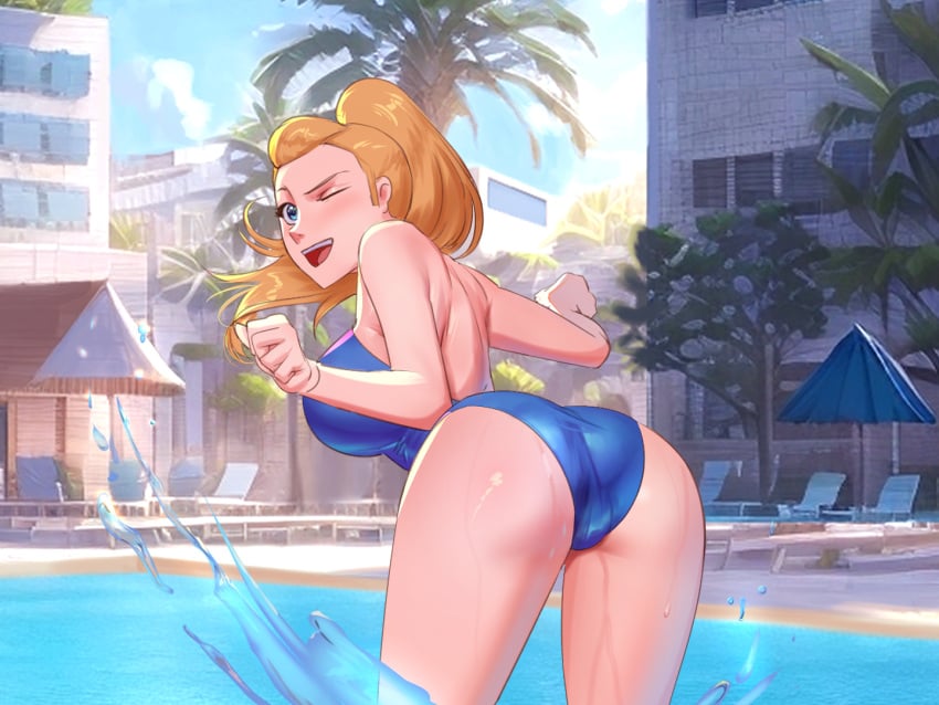 1girls adora ass bent_over big_breasts blonde_female blonde_hair blue_eyes female female_only gonotex light-skinned_female looking_at_viewer looking_back one-piece_swimsuit open_mouth ponytail pool princess_resort she-ra_and_the_princesses_of_power smile solo_female swimsuit water wink winking_at_viewer