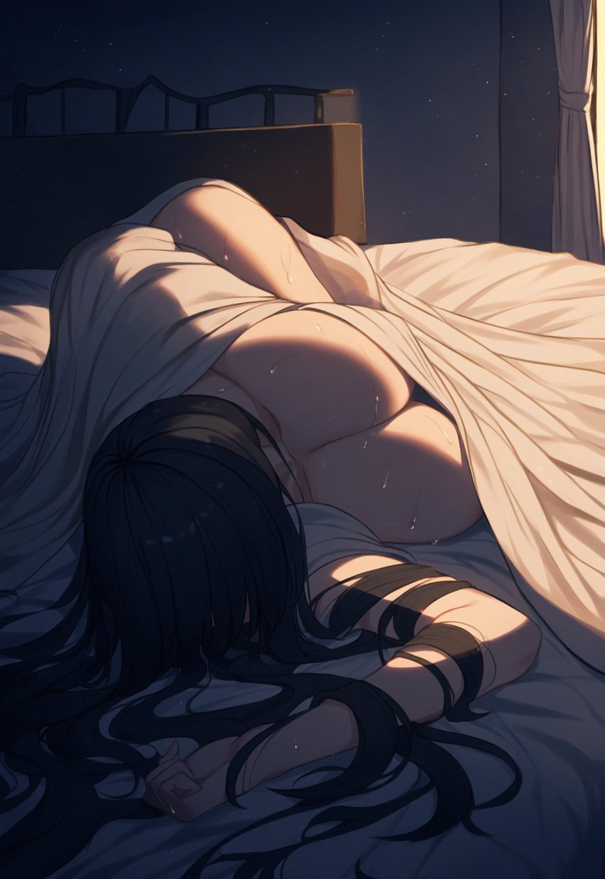 after_sex ai_generated black_hair busty cleavage creepy eyes_covered eyes_not_visible got_fucked_hard hair_covering_eye hair_covering_face jonnyjonn no_nipples oc original_character overboob passed_out sleeping sleeping_nude sunrise sweat sweatdrop sweaty tall_female top_down topboob under_covers under_the_covers unembarrassed waist wide_hips