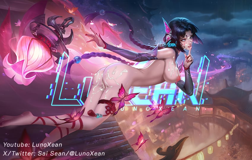 1girls ahe_gao black_hair cum_on_ass cum_on_breasts cum_on_face mobile_legends mobile_legends:_bang_bang zhuxin_(mobile_legends)