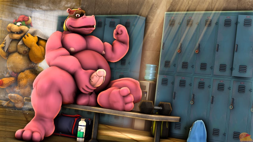 3_toes 4_fingers bowser chubby_male feet flexing gay hippopotamid hippopotamus jerking_off koopa locker_room male male_masturbation mario_(series) moonwulf murray_hippopotamus obese_male paws precum precum_drip public_nudity royalty scalie sly_cooper_(series) source_filmmaker thick_thighs wet