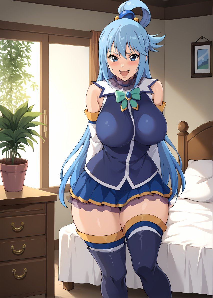 ai_generated aqua_(konosuba) bare_shoulders bed bedroom bedroom_background bedroom_setting big_ass big_breasts big_butt big_thighs blue_eyes blue_hair blue_skirt blush bow clothing detached_sleeves female female_focus female_only hands_behind_back kono_subarashii_sekai_ni_shukufuku_wo! long_hair long_legs plant retair18 ring_hair_ornament room skirt smile smiling_at_viewer thighhighs wide_hips